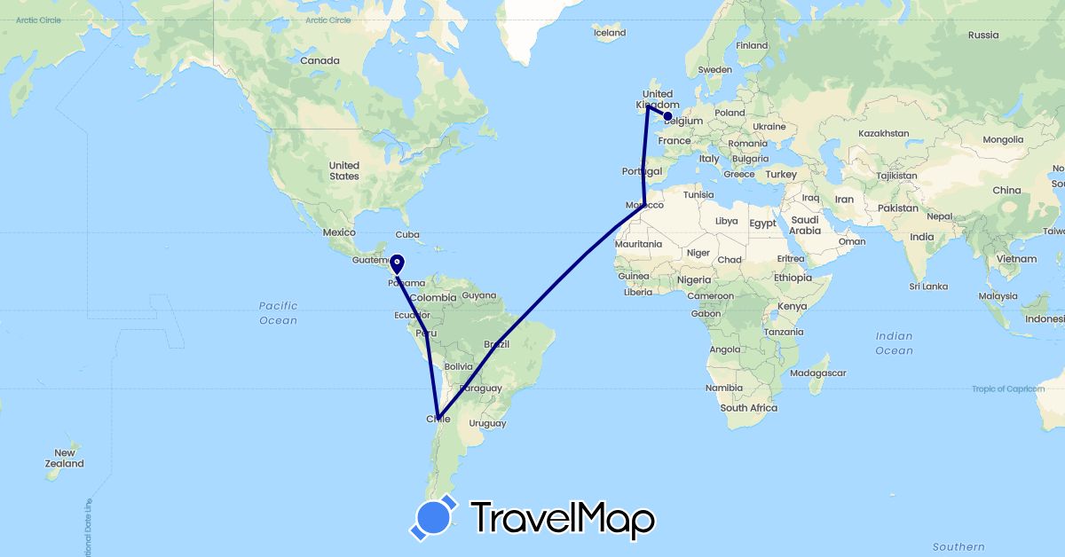 TravelMap itinerary: driving in Brazil, Chile, Costa Rica, United Kingdom, Ireland, Morocco, Peru, Portugal (Africa, Europe, North America, South America)